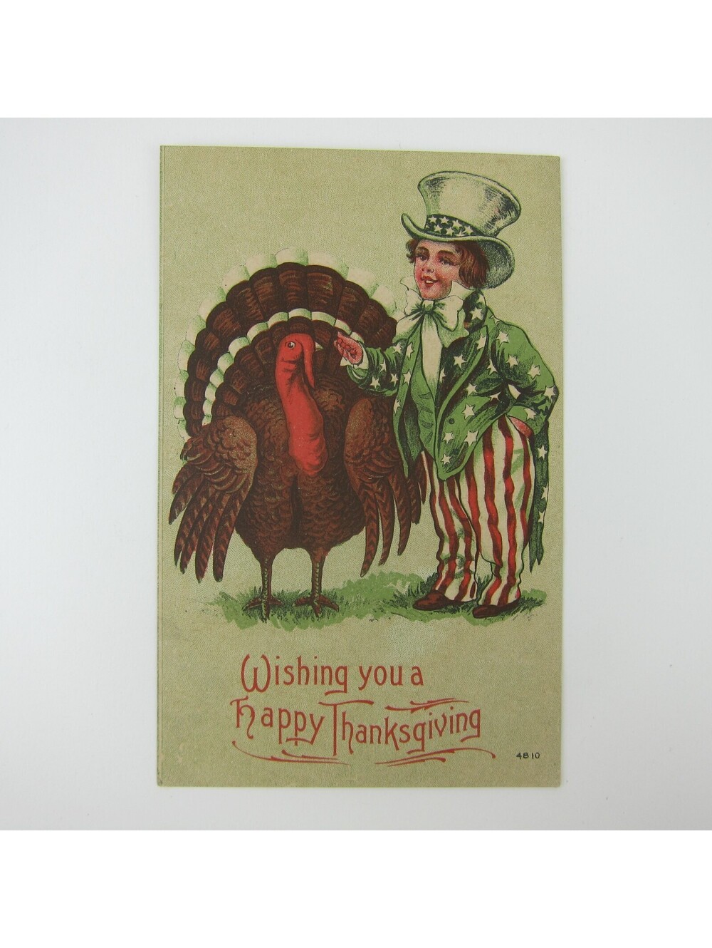 Thanksgiving Postcard Wild Turkey & Boy Uncle Sam Suit Hat Stars Stripe Antique